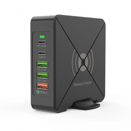 Зарядное устройство PALMEXX PD-75W 2*USB(2.4A)+USB(QC3.0,18W)+USBC(2A)+USBC(PD,45W)+QI(10W)