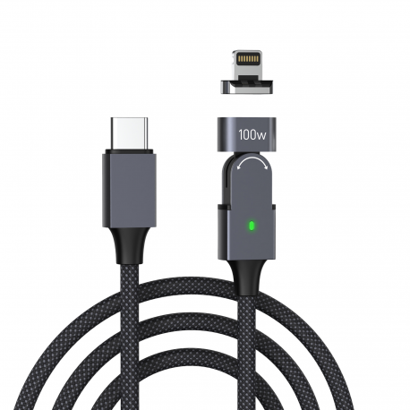 Магнитный поворотный кабель PALMEXX USB-C to Lightning, PD 100W, длина 2м,серый