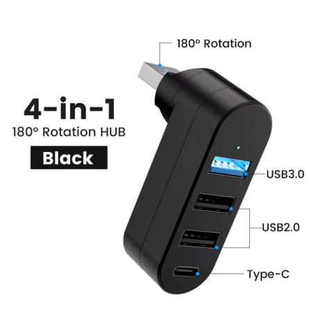 Хаб PALMEXX USB3.0 to 1*USB3.0+2*USB2.0+USBC, поворотный, чёрный /HUB-082