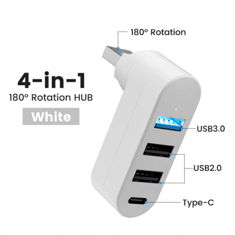 Хаб PALMEXX USB3.0 to 1*USB3.0+2*USB2.0+USBC, поворотный, белый /HUB-083